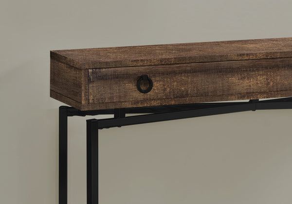 English Elm Accent Table Rustic Wood-Look End Table with Black Metal X Base, Nightstand with Drawer for Living Room Brown 52 L x 15 W x 6 H B2710P219289