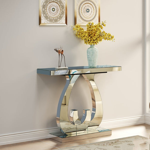 English Elm Modern Mirrored Console Table with Silver Double C Base for Entryway or Sofa W3836P382513