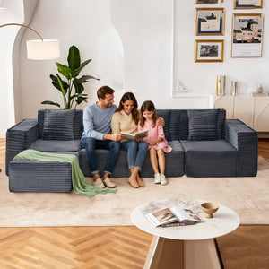 English Elm L-shaped Modular Sectional with Ottoman Corduroy Upholstery Four Seat Living Room Sofa Dark Gray W2699S00092
