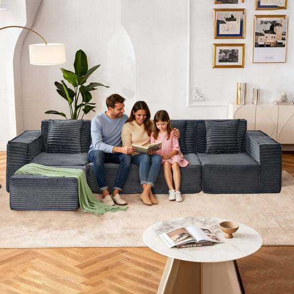 English Elm L-shaped Modular Sectional with Ottoman Corduroy Upholstery Four Seat Living Room Sofa Dark Gray W2699S00092