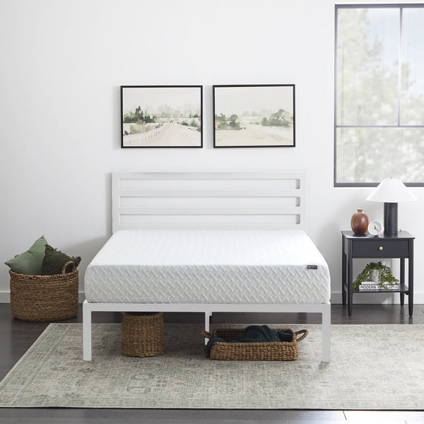English Elm Metal Platform Bed King White with Horizontal Bar Headboard, 800lb Capacity, 14-Slat Roll Support B350P394799