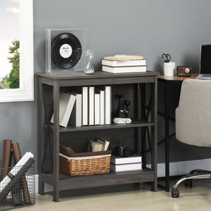 English Elm HOMCOM Industrial Corner Bookshelf 2-Tier Open Display with Metal X-Brace, Grey Engineered Wood, Space-Saving Storage 34" W2225P217755