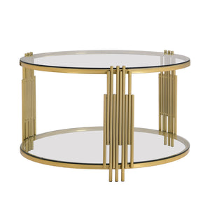 English Elm Modern Glass Coffee Table 31.5" – Asymmetrical Gold Metal Drum Base, Tempered Clear Top & Lower Shelf N735P177478K