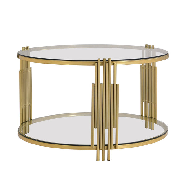 English Elm Modern Glass Coffee Table 31.5" – Asymmetrical Gold Metal Drum Base, Tempered Clear Top & Lower Shelf N735P177478K