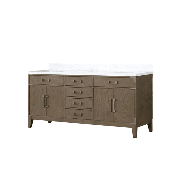 English Elm Grey Oak Double Bath Vanity 72" W With Carrara Marble Top, Ample Storage & Soft-Close Drawers B2731P259892
