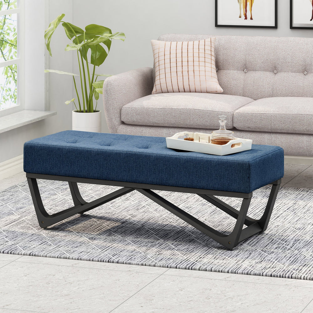 English Elm Christopher Knight Home® - Navy tufted Ottoman Bench 47” W x 17.5” D x 16.5” H — Modern navy fabric, waffle stitch, bentwood legs N757P186386B