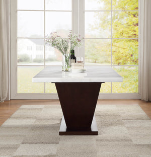 English Elm Forbes White Marble Top Dining Table with 2" Real Marble, Walnut V-Shape Base, Rectangular Leg Design B2726S00377