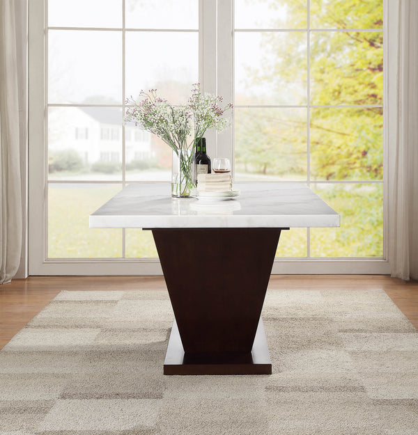 English Elm Forbes White Marble Top Dining Table with 2" Real Marble, Walnut V-Shape Base, Rectangular Leg Design B2726S00377