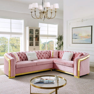 English Elm 106 Inch Velvet Tufted Chesterfield Sectional with Gold Steel Legs for Large Living Rooms Pink W1191S00129