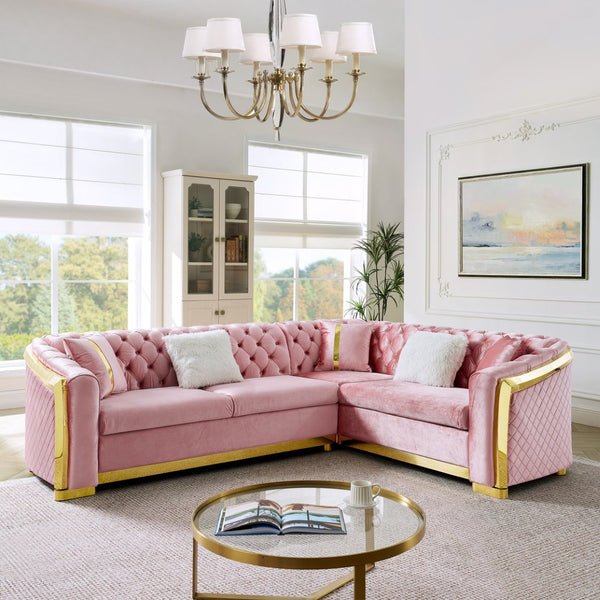 English Elm 106 Inch Velvet Tufted Chesterfield Sectional with Gold Steel Legs for Large Living Rooms Pink W1191S00129