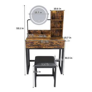 English Elm Makeup Vanity Table with LED Lights, Built-In Outlet & USB, Large Drawers, Hair Dryer Stand Brown W509P297015
