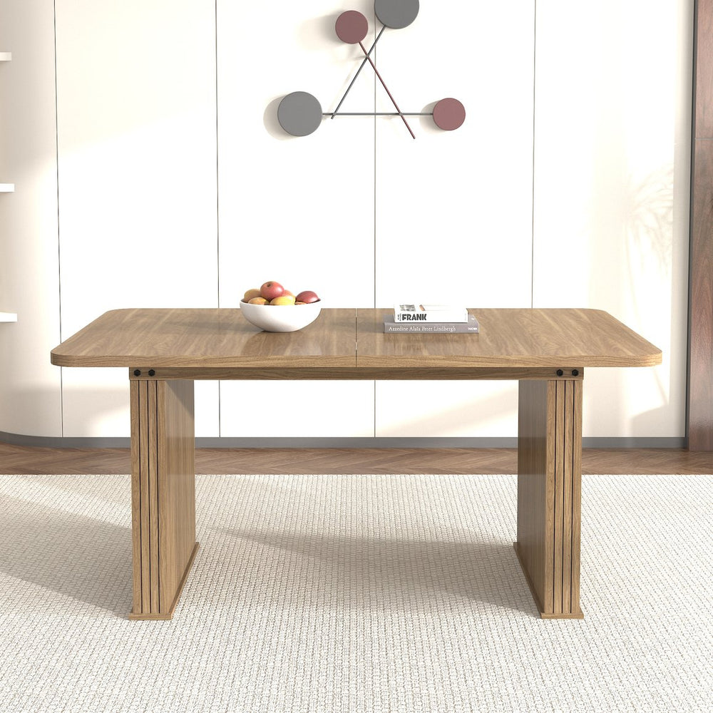 English Elm Modern Beige Brown Dining Table for 6-10 with Double Pedestal, Vertical Stripe MDF Top, Sturdy Design W1347S00012