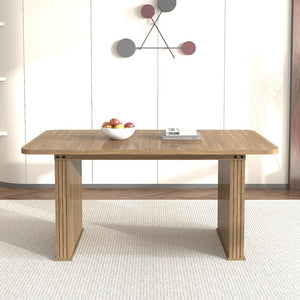English Elm Modern Beige Brown Dining Table for 6-10 with Double Pedestal, Vertical Stripe MDF Top, Sturdy Design W1347S00012