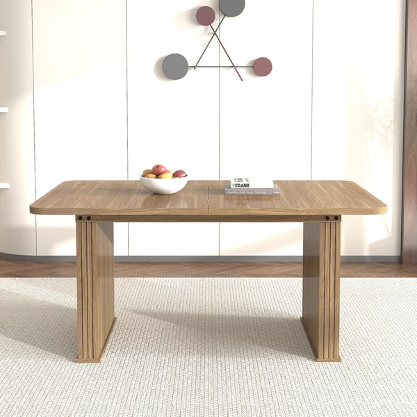 English Elm Modern Beige Brown Dining Table for 6-10 with Double Pedestal, Vertical Stripe MDF Top, Sturdy Design W1347S00012