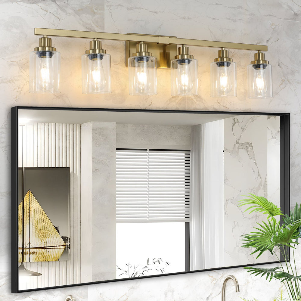 English Elm 37" Golden 6-Light Vanity Light with Clear Glass Shades, Modern Iron Wall-Mounted Bathroom Fixture, Hard-Wired Elegance W2312P374802