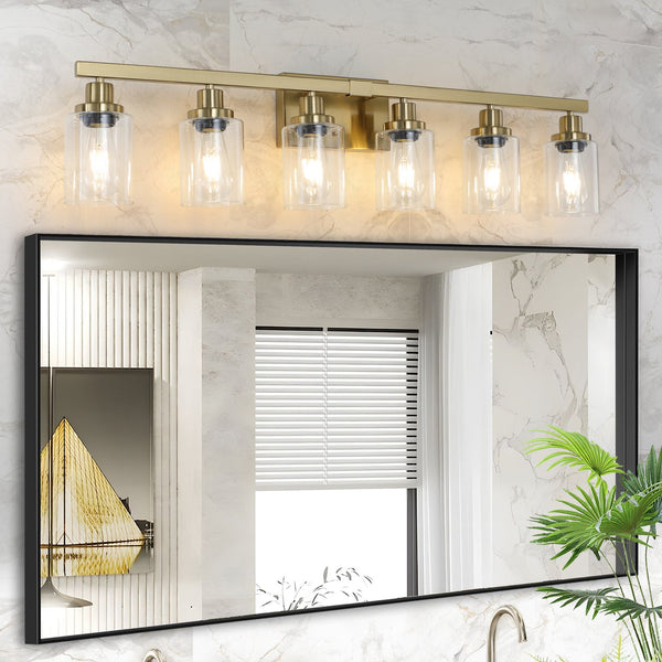 English Elm 37" Golden 6-Light Vanity Light with Clear Glass Shades, Modern Iron Wall-Mounted Bathroom Fixture, Hard-Wired Elegance W2312P374802