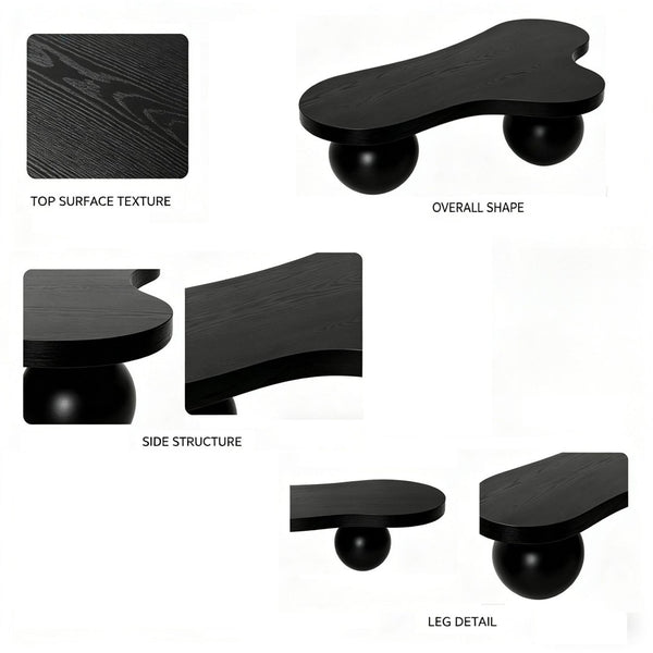 English Elm 46 Inch Cloud Shaped Coffee Table with Ash Veneer Top and Sculptural Sphere Legs Black W3935S00006