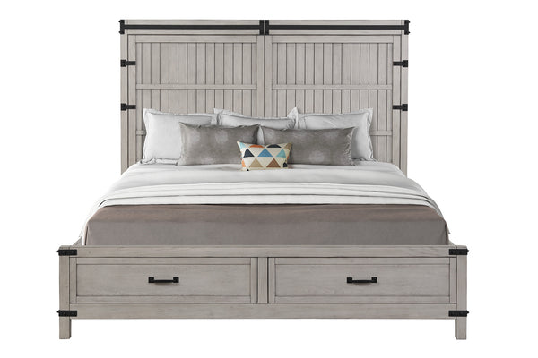 English Elm Alexandria King Storage Bed with USB Ports, Plank Inlay & 2 Drawers, Mountain Mist Rustic Chic B108S00031