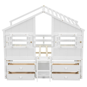 English Elm Full Size House Loft Bed With Roof & Windows, 4 Storage Drawers, Pine Wood, Safe Guardrails & Ladder W504S00242