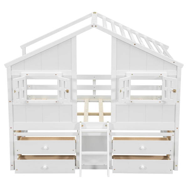 English Elm Full Size House Loft Bed With Roof & Windows, 4 Storage Drawers, Pine Wood, Safe Guardrails & Ladder W504S00242