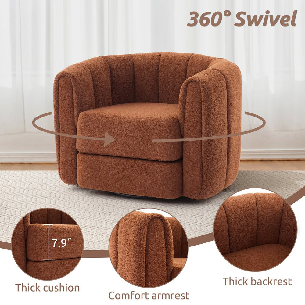 English Elm Swivel Teddy Barrel Chair with 360° Rotation, Plush Upholstered Round Accent Chair, Durable Frame Brown W2606S00027