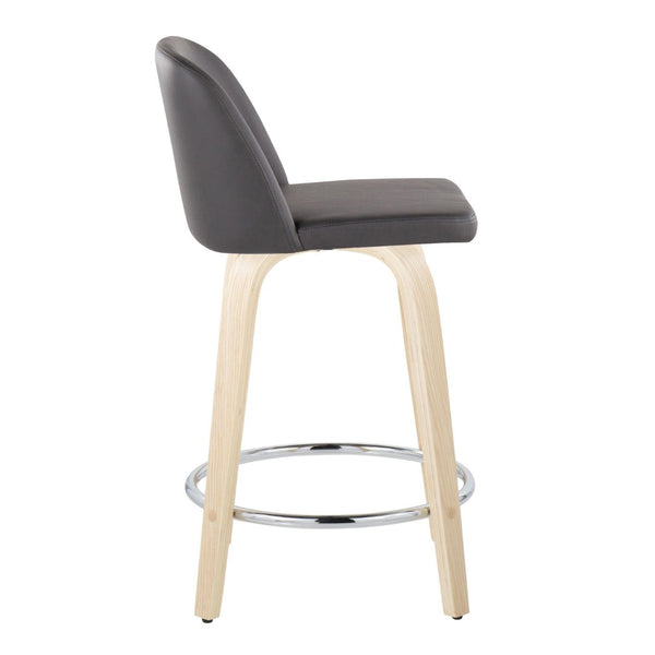 English Elm Fixed-height Swivel Counterstools Natural Wood Grey Faux Leather Chrome Footrest Pair B202S01768