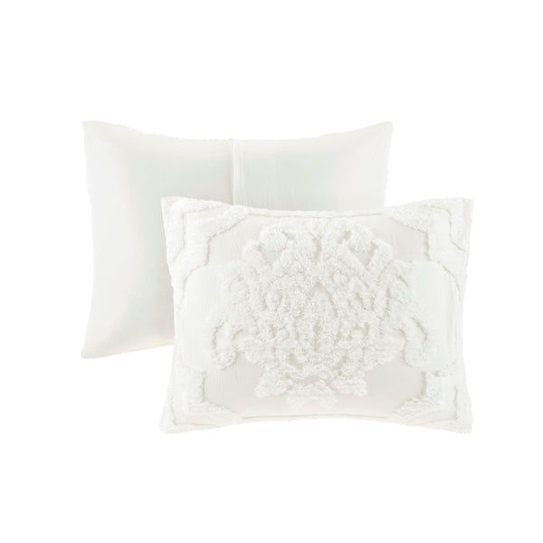 English Elm 3 Viola Tufted Cotton Chenille Damask Comforter Set King/Cal King Off-White - Oeko-Tex, Cottage Chic B03597088