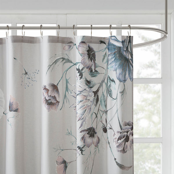 JLA Home Madison Park - Printed Cotton Shower Curtain with Vintage Floral Percale, OEKO-TEX Certified, Soft Romantic Draped 72x72 Blue MP70-7842