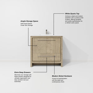 English Elm Rustic Acacia Bath Vanity 36" W With White Quartz Top, Gun Metal Faucet Set & 28" Framed Mirror B2731S01949-GIGA