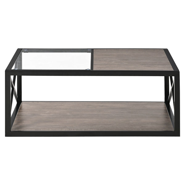 English Elm Modern coffee table with tempered glass and MDF top, industrial X-frame design, sturdy metal frame, ample storage and easy-clean surfaces for living room seating areas Wood W241P246909