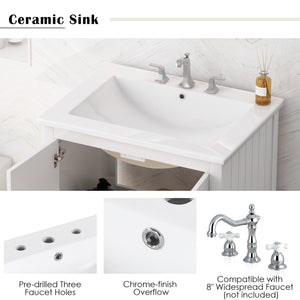 English Elm 24" Morandi White Bathroom Vanity with Ceramic Sink, Solid Wood Frame & Open Shelf, Modern Elegance N725P189823K