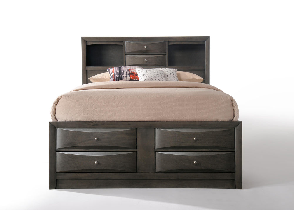 English Elm Ireland Gray Oak Finish Queen Storage Bed With Bookcase Headboard And 8 Built-In Drawers For Organization B2726S00340