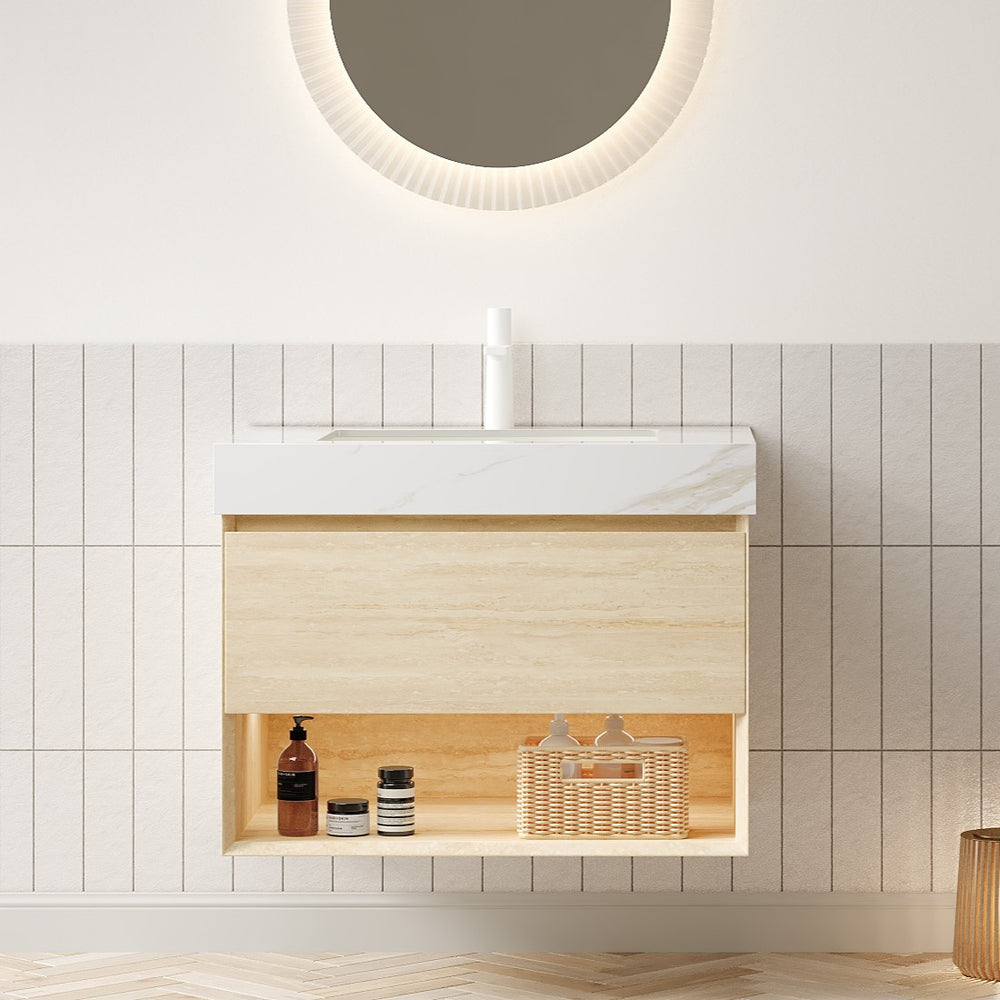 English Elm FRIGGA 30" Floating Bathroom Vanity with Calacatta Gold Sintered Stone Top, LED Sensor, Plywood Cabinet W2615S00293
