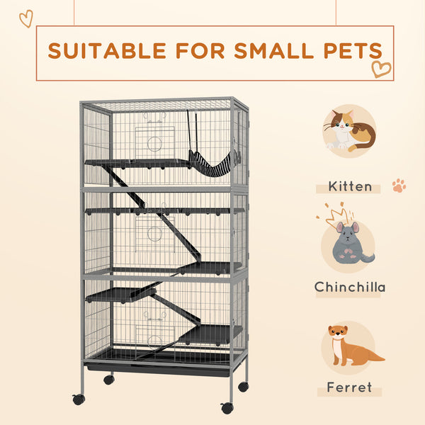 English Elm PawHut 63" 6-Tier Small Animal Habitat with Hammock, Heavy-Duty Steel Cage, Wheels & Removable Tray Gray W2225P217534