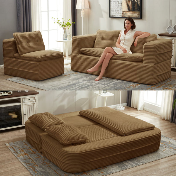English Elm Multi Functional Sectional Sofa Bed Plush Corduroy Convertible 80" King Sleeper with Chaise, Deep Fluff Camel W3219P339468