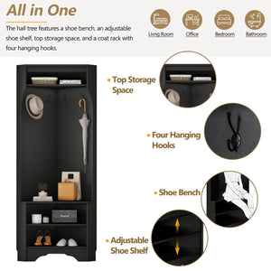 English Elm ON-TREND Minimalist Corner Hall Tree with Shoe Bench and 4 Hooks, Space-Saving Entryway Organizer Black N721P189665B