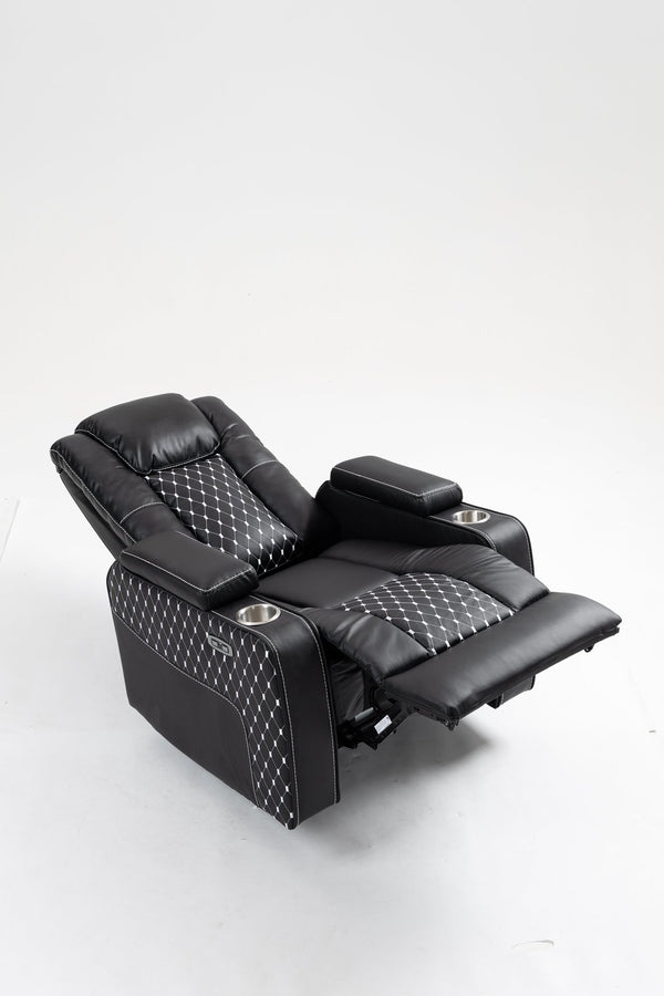 English Elm Lounge PU Leather Power Lift Recliner with Wireless Charging, Cup Holder, Side Pockets, Infinite Recline Black W547P190590