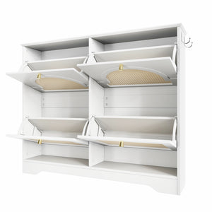 English Elm Mid-Century Rattan Flip Drawer Shoe Cabinet for Entryway — Breathable 4-Tier Organizer with Hooks and Anti-Tip Safety White N721P288701K