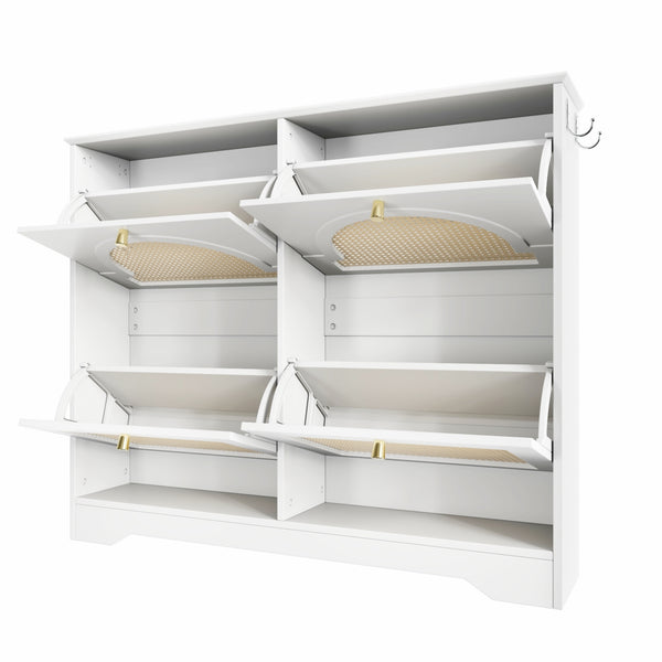 English Elm Mid-Century Rattan Flip Drawer Shoe Cabinet for Entryway — Breathable 4-Tier Organizer with Hooks and Anti-Tip Safety White N721P288701K