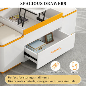 English Elm VIBE HAUS Lift-Top Coffee Table with Gold Trim, Foldable Workstation & Hidden Storage Stools Set White N893S000010K