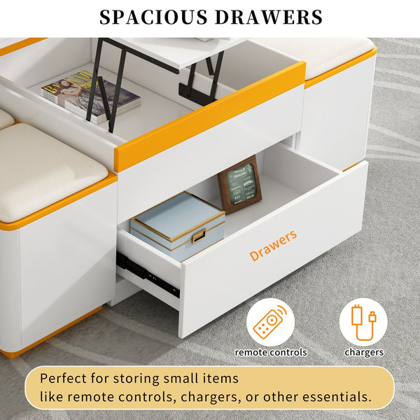 English Elm VIBE HAUS Lift-Top Coffee Table with Gold Trim, Foldable Workstation & Hidden Storage Stools Set White N893S000010K