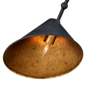 Serpa Black Chandelier: Vintage Mid-Century Modern Wrought Iron Fixture with Gold Leaf Shades, 5 Lights