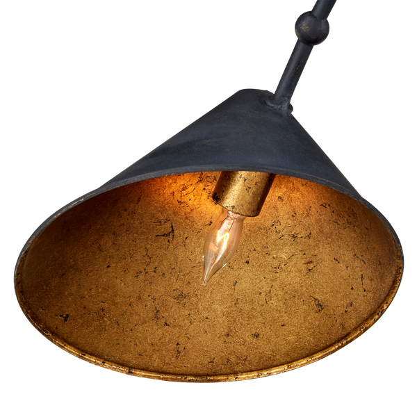 Serpa Black Chandelier: Vintage Mid-Century Modern Wrought Iron Fixture with Gold Leaf Shades, 5 Lights