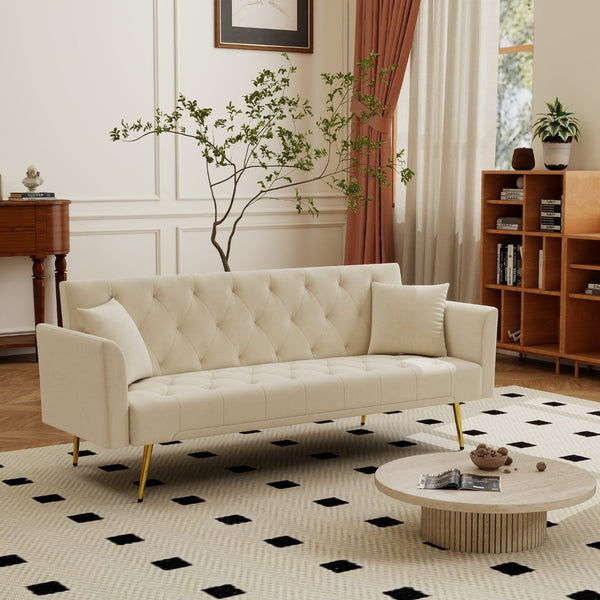 English Elm Modern Tufted Velvet Sleeper Sofa Retro Style Convertible Fold Flat for Compact Spaces Beige W2353P399441