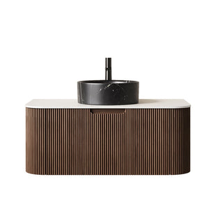 English Elm Dina Floating Bathroom Vanity Sintered Stone Top Glass Basin Striped Plywood Cabinet Black,Carrara White,Walnut W2615S00712