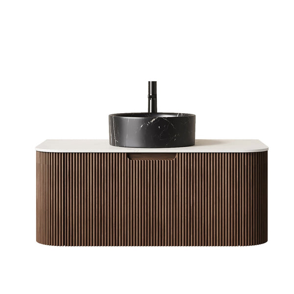 English Elm Dina Floating Bathroom Vanity Sintered Stone Top Glass Basin Striped Plywood Cabinet Black,Carrara White,Walnut W2615S00712