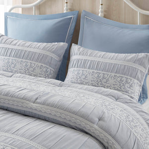 English Elm 7-piece King Jacquard Comforter Set Lace Detail Chambray Cottage Bedroom Ensemble Blue B035P482887