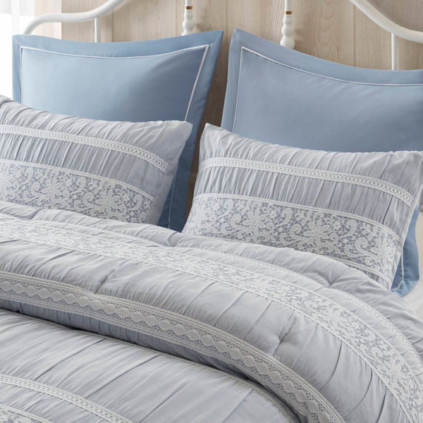 English Elm 7-piece King Jacquard Comforter Set Lace Detail Chambray Cottage Bedroom Ensemble Blue B035P482887