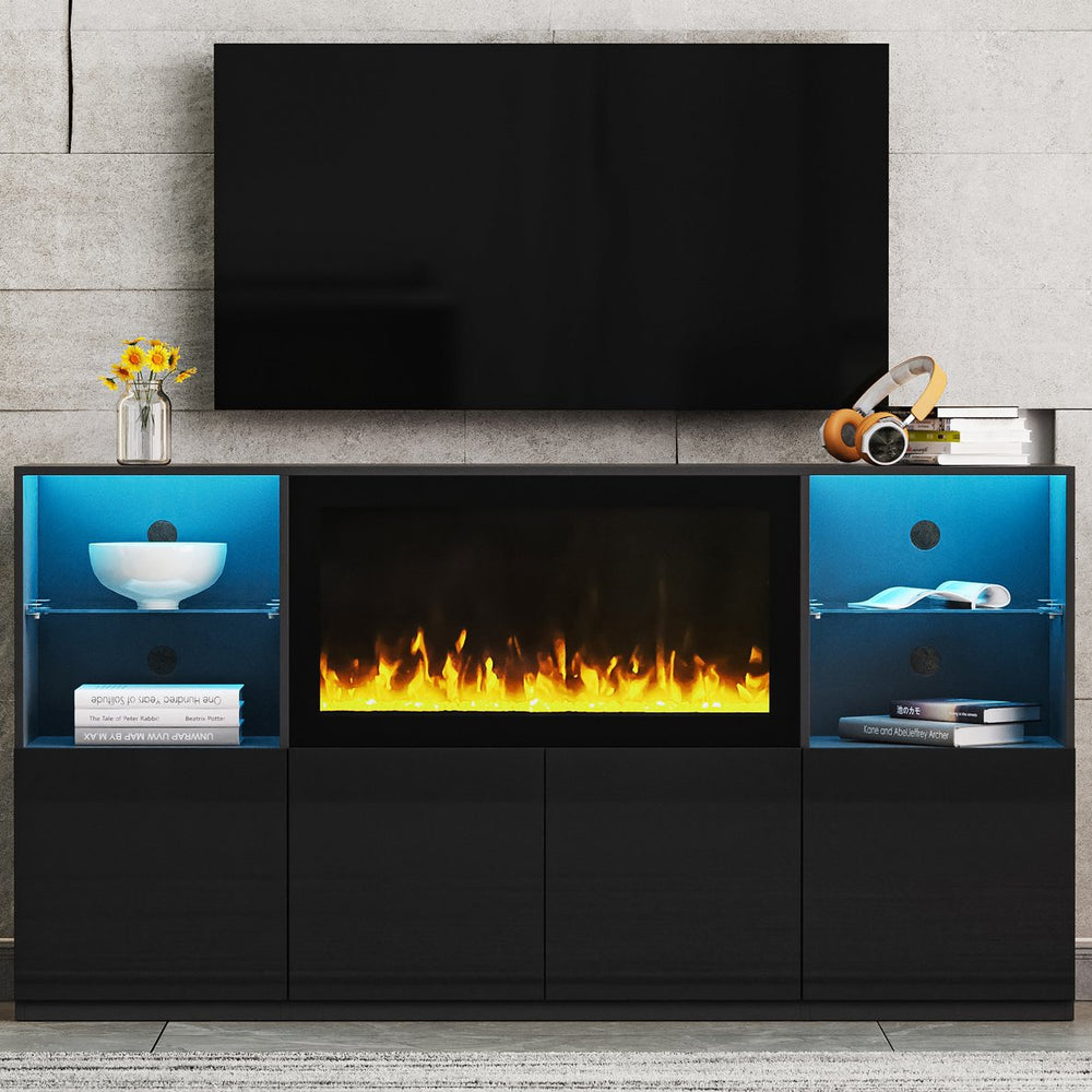 English Elm On-Trend High Gloss Tv Stand With 34.2" Electric Fireplace & Led Lighting, Fits Tvs Up To 75" Black N721S000042B