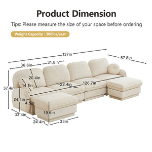 English Elm 137" Oversized Chenille Sectional Sofa with Movable Ottoman and Quilted Cushions W714S01755